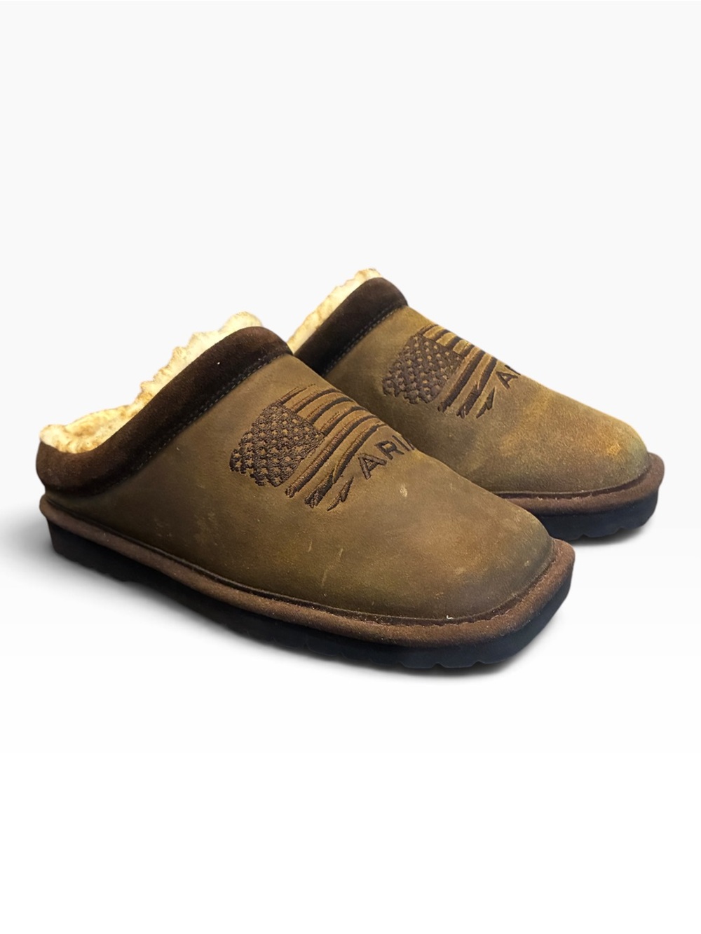 Ariat Men's Sherpa Lined Suede Clog Slippers Size 8 Brown Leather House Shoes